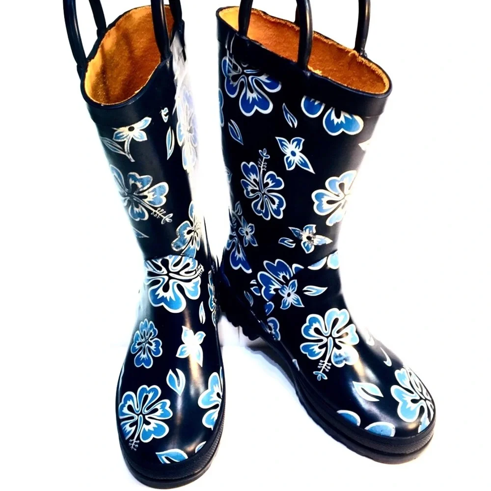 Lands' End Kids Black and Blue Floral Rain Boots